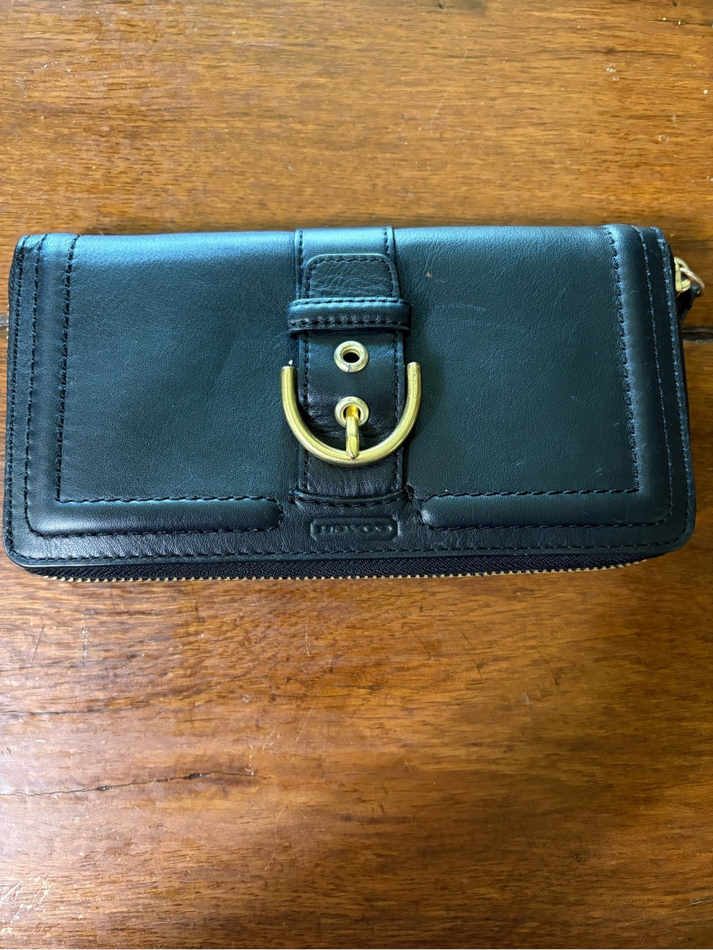 Coach Black Leather Zip Wallet with Gold Buckle Accent